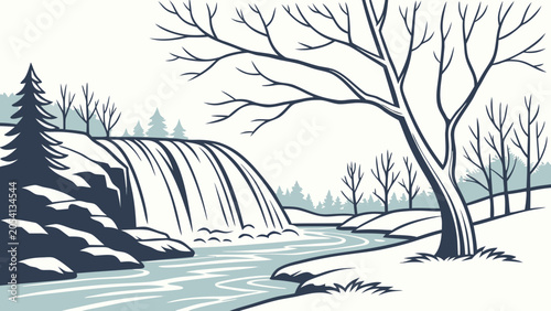 Winter landscape with waterfall and bare trees waterfall landscape cascading