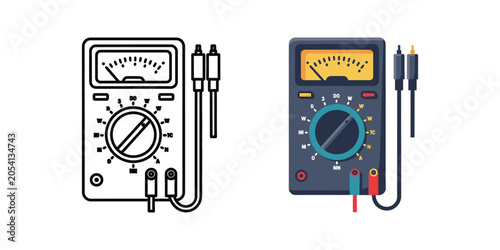 Analog multimeter with probes on a white background for electrical testing and measurement concept