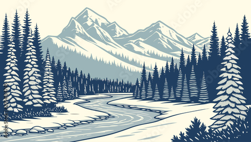 Winter mountain landscape with snowy forest and winding river, mountain