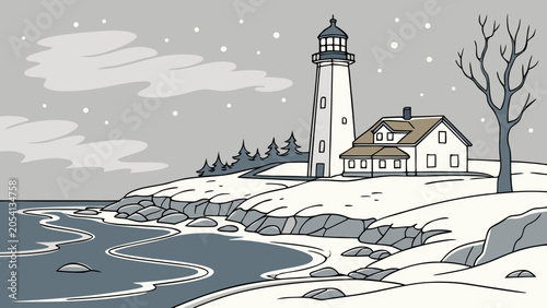 Lighthouse on snowy coastline winter landscape illustration with lighthouse
