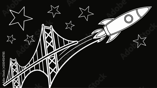 Rocket launching over bridge abstract illustration in black and white