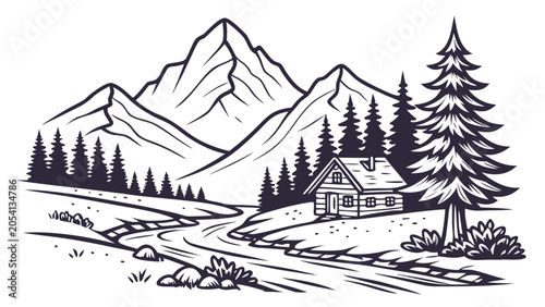 Rustic mountain cabin landscape line art illustration with mountain, landscape