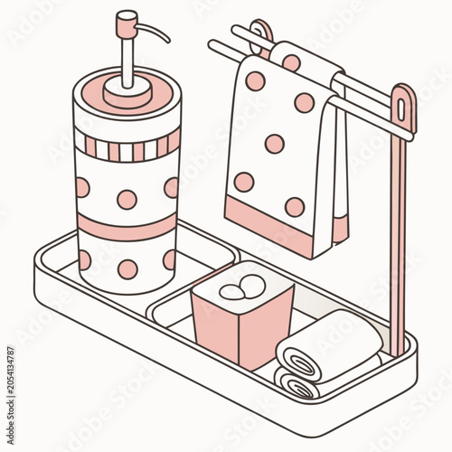 Bathroom accessory set with soap dispenser and towels isometric graphic