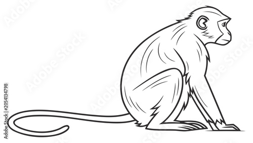 Stylized line art illustration of a sitting monkey with wildlife, illustration