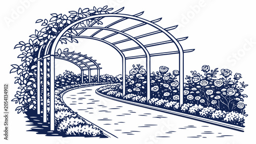 Foto Ornate metal garden pergola covered in climbing roses and pathway with climbing