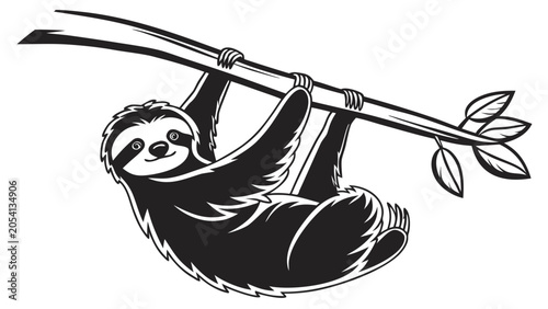 Black and white graphic illustration of a cute sloth hanging on a branch