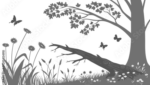Gray monochrome forest meadow illustration with fallen tree and butterflies