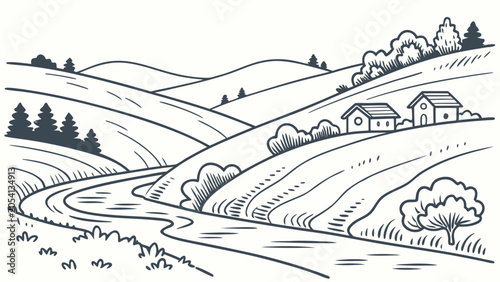 Minimalist black and white rural landscape sketch of hills and houses