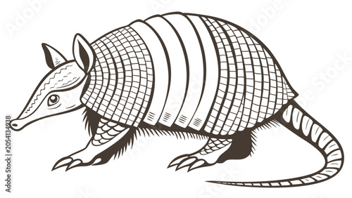 Detailed black and white line art drawing of a walking armadillo with armadillo