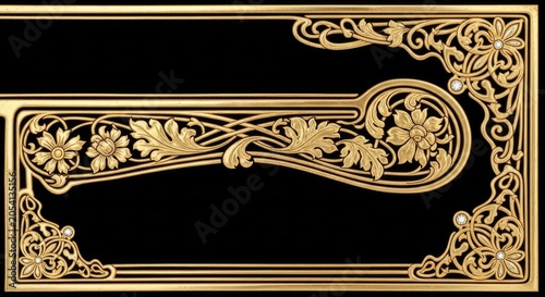 Ornate gold floral frame with corner ornaments on black background.