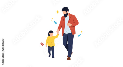 Bild auf Leinwand A heartwarming illustration of a father and child walking hand in hand on a sunn