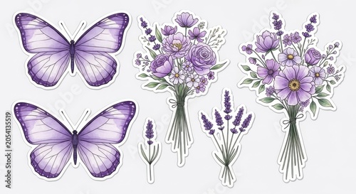 Purple butterfly and lavender bouquet watercolor sticker set.