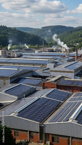 Industrial Rooftops with Solar Panels and Smoke Stacks.