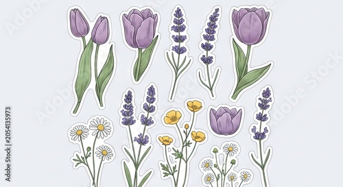 Purple tulip and lavender botanical illustration set.