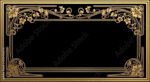 Rectangular gold floral border with decorative corners on black background.