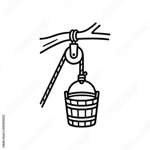 Bucket Hanging From Rope Pulley System.