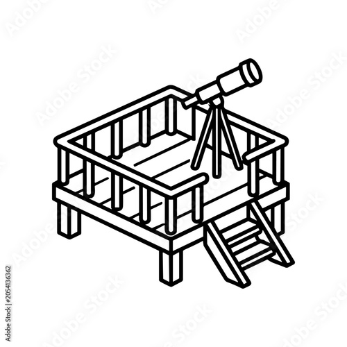 Telescope on wooden deck platform.
