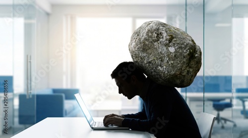 A man in an office struggles under the weight of a huge rock on his back while working on a laptop, symbolizing stress and pressure.