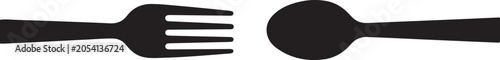 Black silhouette of a fork and a spoon arranged horizontally on a white background