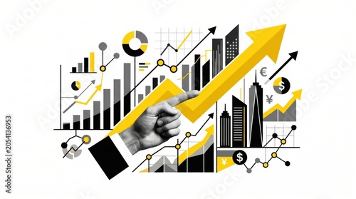 A hand points to an upward yellow arrow amid financial charts and cityscape icons, symbolizing economic growth and positive market trends.