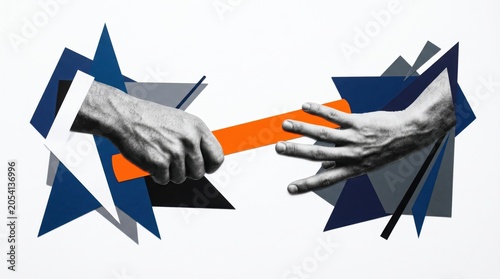 Two hands passing an orange baton, set against abstract geometric shapes in blue, black, and gray with a white background.