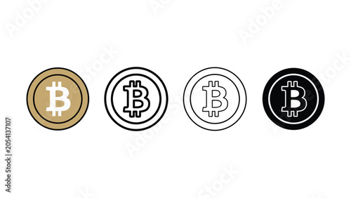 Bitcoin cryptocurrency logo icons in different styles and colors on white background