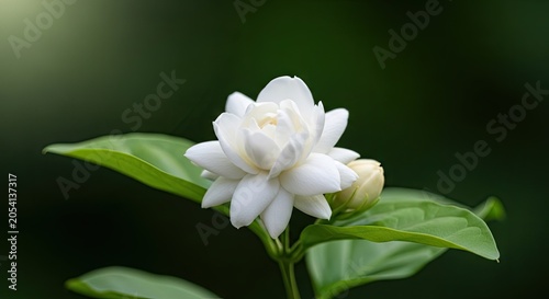 Blooming white jasmine flower on dark green background.