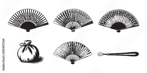 Set of hand drawn fans and lucky bag in sketch style vector illustration isolated on transparent background.