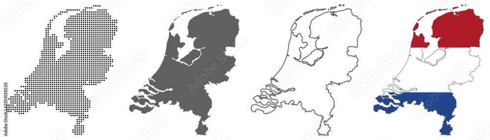 Obraz premium Netherlands country map vector set with dotted pattern solid silhouette outline and national flag illustration