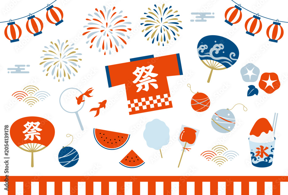 Obraz premium 日本の夏祭り ポップでシンプルなイラスト セット