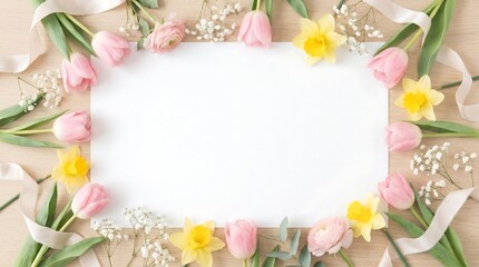 Spring Mockup: Blank Paper Frame with Tulips, Daffodils, and Soft Floral Border