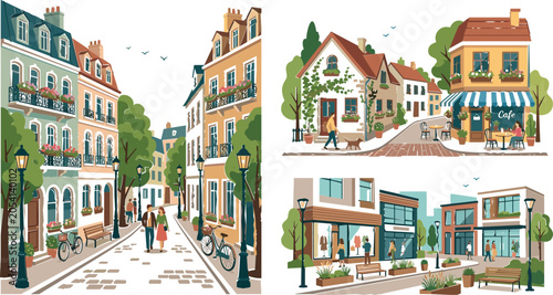 Schilderij op canvas Charming European Street and Neighborhood Collection with Cozy Urban Architectur