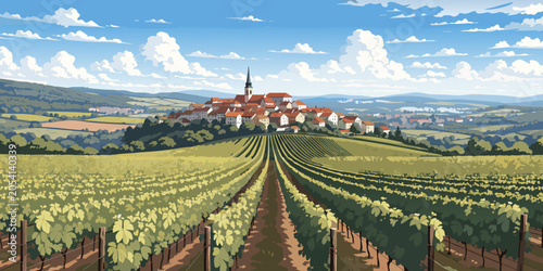 Scenic autumn landscape of a rural vineyard on a green hill under a cloudy sky in Tuscany, Italy