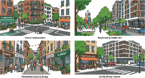 Quadro su tela Urban Streetscape Collection with Walkable City Neighborhoods, Modern Mixed Use