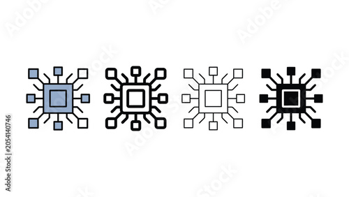 Four different colored circuit board icons with various design elements  technology concepts