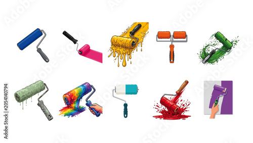 Paint Roller Creative Painting Tools on png Background Vector Pack, paint roller, paint roller icon, vector icon set, painting tool, paint brush roller, home renovation, construction tools, 