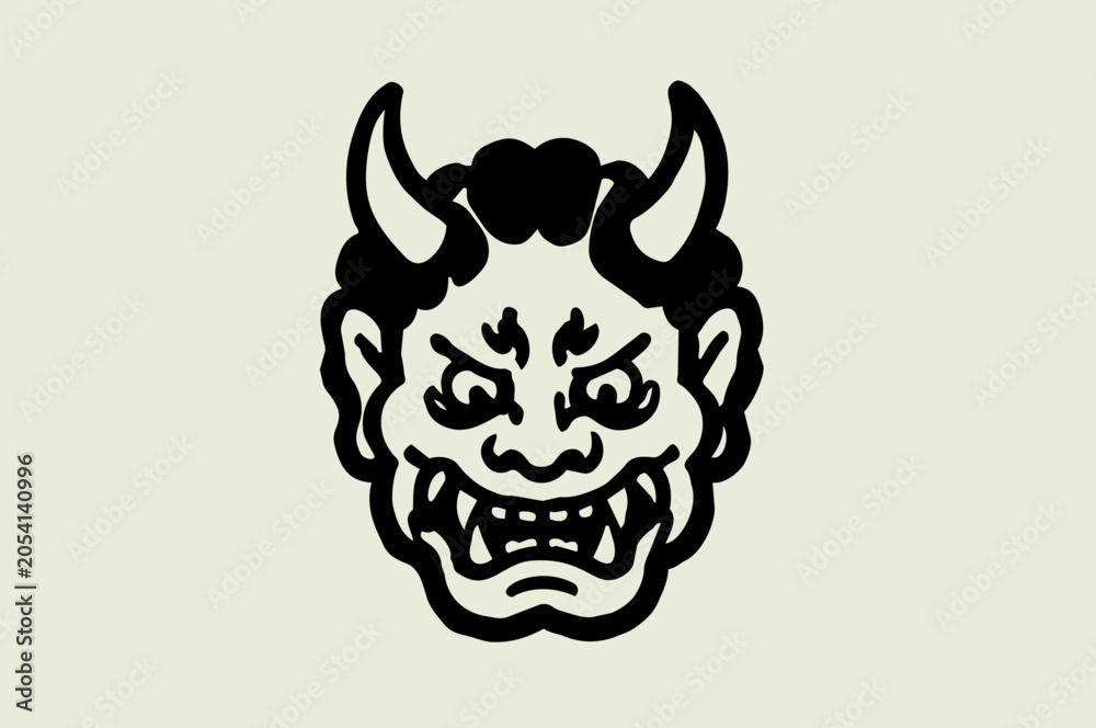 Fototapeta premium Traditional Japanese Oni Mask Illustration, Demon Folklore Symbol, Minimalist Black and White Ink Drawing
