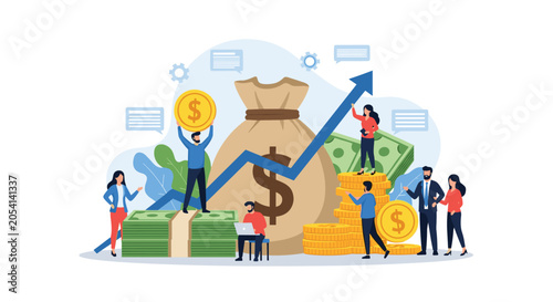 Financial growth and prosperity illustrated with business people managing large sums of money, stacks of cash, and rising charts.