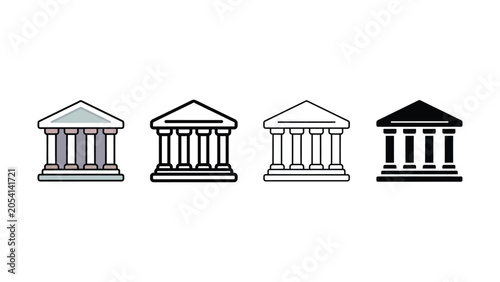 Four different colored illustrations of ancient greek or roman temple icons