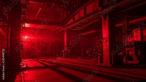 Industrial Warehouse Interior with Red Lighting.