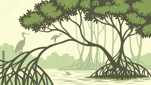 Fotografía Mangrove forest habitat with wading birds illustration mangrove ecosystem