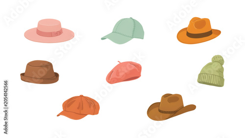 Photos Colorful collection of cartoon hats and caps in flat design style Vector