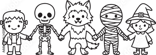 Bild auf Leinwand Cute cartoon halloween characters holding hands line up including frankenstein monster skeleton werewolf mummy and little witch for greeting card holiday print