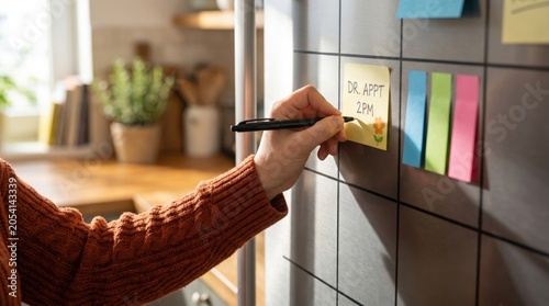 A person in an orange sweater writes a 2 PM doctor appointment reminder on a sticky note placed on a tiled wall with other colorful sticky notes.