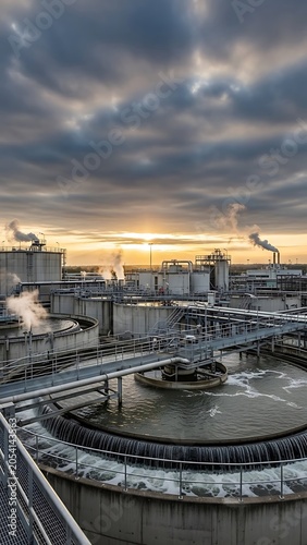 Industrial Wastewater Treatment Plant at Sunset with Smoking Chimneys.
