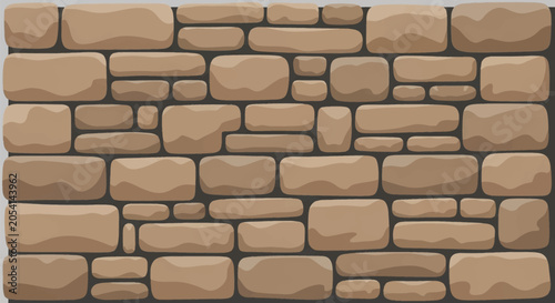 Vector illustration of a stylized stone wall texture featuring irregular, rounded brown rocks and boulders arranged in uneven rows with dark grey mortar gaps, suitable for digital assets.