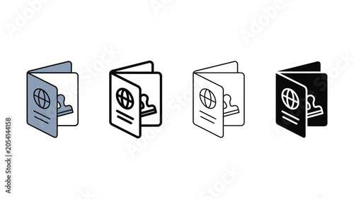 Four different passport icons with globe stamps on white background