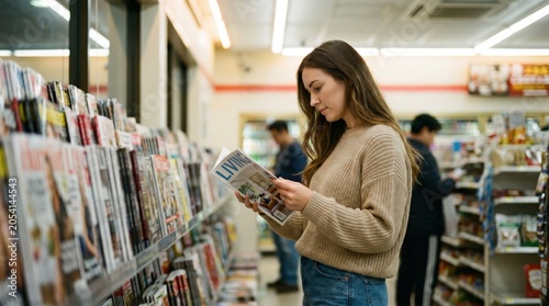 Young woman reading a magazine in store while standing near a shelf filled with various publications in a bright convenience shop during the day