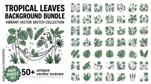 Photography Set of 50 Tropical Leaves Background Bundle Vector Illustrations