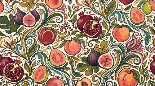 Seamless fruit design: pomegranates, figs, peaches, guavas, leaves